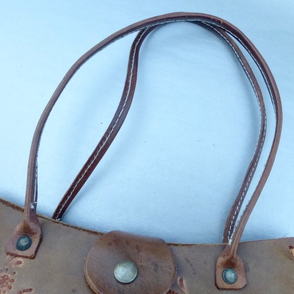 Tooled Floral Authentic Brown Leather Shoulder Bag - Picture 8 of 16